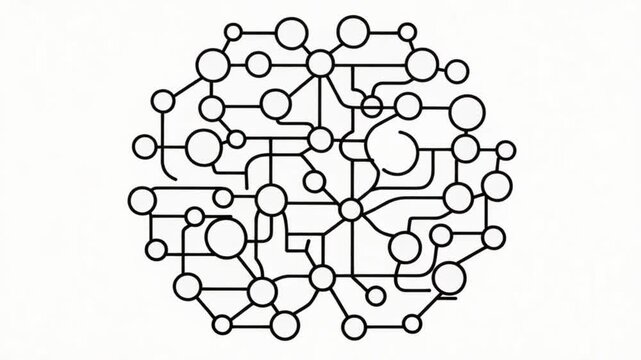 A futuristic circuit board with nodes and connections on a white background, representing technology and innovation in a modern workspace