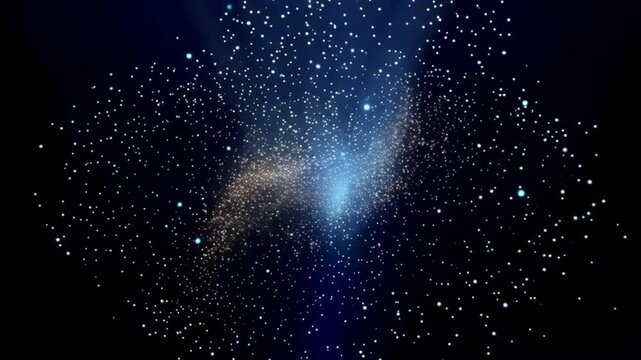 A dark blue and black background with a cluster of gold and white particles swirling in a circular motion, possibly used for a digital animation or a creative visual effect