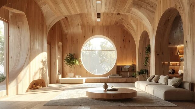 A modern, wooden, minimalist interior with arched doorways, round window, and cozy seating area