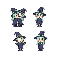 Cartoon witch girl set with different emotions on white background