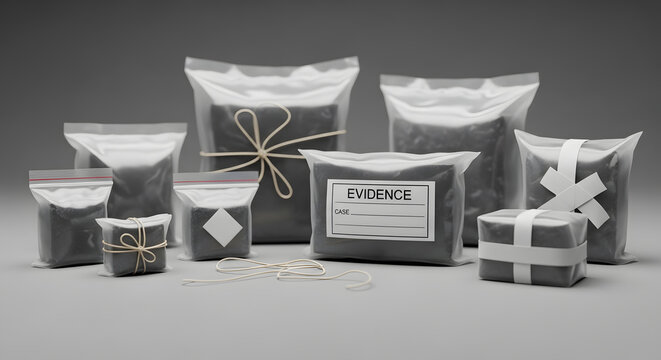 Various sizes of plastic bags and wrapped packages labeled as evidence on a neutral background