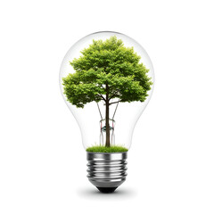 A vibrant green tree growing inside a clear glass lightbulb