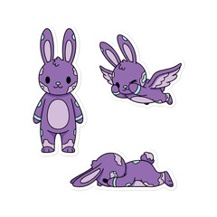 Obraz premium Purple cartoon rabbit character in various poses with wings, isolated on white background