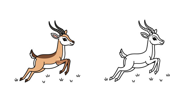 Cute cartoon gazelle running fast isolated on white background vector illustration, happy antelope jumping side view for children book, logo or wildlife sticker design