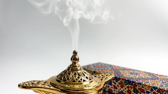 Ornate golden incense burner emitting fragrant smoke with a decorative box