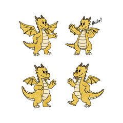 Cartoon dragon character set waving hello in different poses on white background