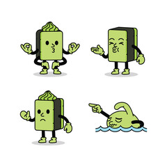 Cartoon money characters showing different emotions and actions with copy space