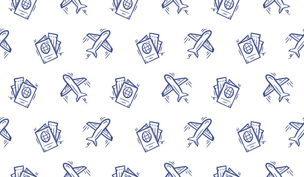 Travel doodle background. Cute travel seamless pattern. Trip pattern background. Tourism hand drawn seamless pattern with plane, fly, ticket, flight, boarding pass, passport,