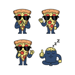 Cartoon pizza characters with different expressions and actions in a modern minimalist style