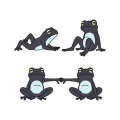 Cartoon frogs holding hands in various poses on white background with copy space