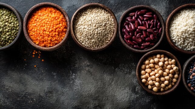 Row of bowls filled with various types of beans and other legumes. The bowls are arranged in a line, with some bowls containing more beans than others. Concept of abundance and variety