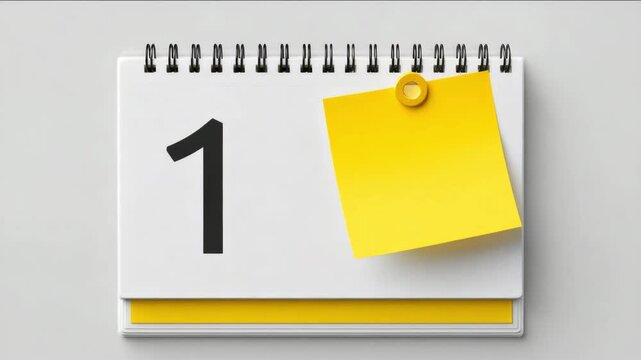 Calendar page displaying the number one with a yellow sticky note attached, featuring a spiral binding and a clean, minimalistic design