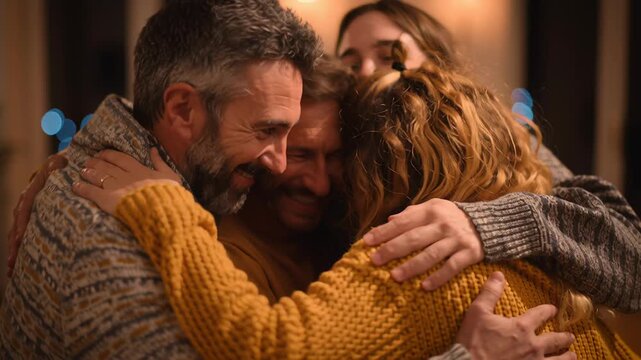 A group of people hug each other, including a man and a woman. Family celebrating a health recovery milestone quietly with hugs and smiles, understated joy, warm lighting, authentic human story