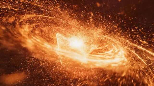 Fiery orange particles swirl intensely in a cosmic vortex