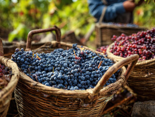 Freshly harvested dark grapes in woven basket at vineyard harvest conveying rustic autumnal atmosphere