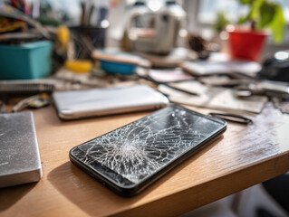 Cracked phone screen on messy wooden desk with scattered gadgets and tools conveying frustration and urgency