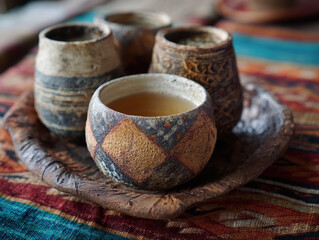 Handmade clay cup with warm herbal tea served on carved wooden tray in rustic setting, cozy local drink and textured ceramics