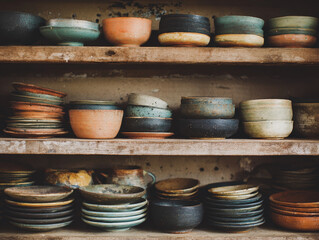 Handmade ceramic bowl stack rustic pottery shelf with earthy tones and warm mood
