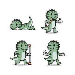 Obraz premium Cartoon dinosaur characters showing various actions and emotions with thumbs up and gardening tool