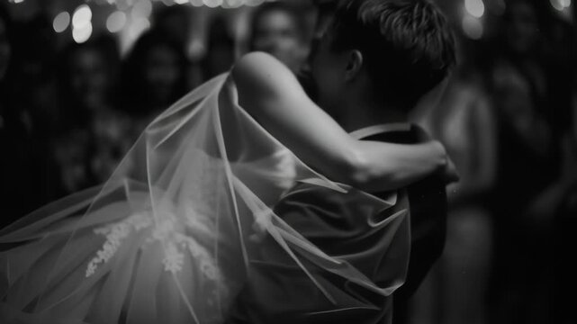 First dance at a wedding, slow movement and laughter, guests blurred in background, intimate and emotional moment, cinematic realism