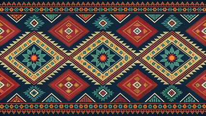 Traditional tribal rug seamless pattern with geometric diamond shapes and ethnic ornaments on dark background