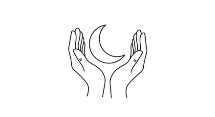Obraz premium Stylized line art illustration depicts cupped hands gently holding a crescent celestial body.