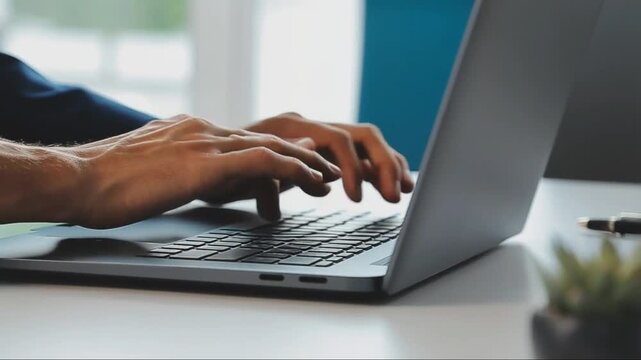 Hands only of a business professional typing on a modern laptop keyboard, clean desk surface with minimal objects