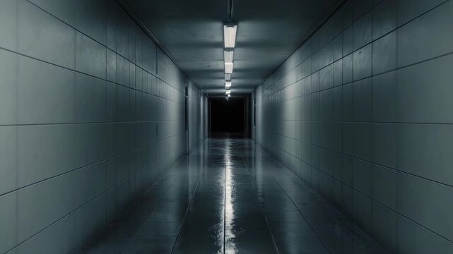 薄暗い地下通路を進むシネマティック映像