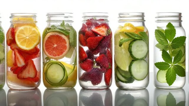 Assorted fruit and herb infused water in tall clear glasses on marble table. Infused Water Recipes for Summer, concept of healthy summer refreshment