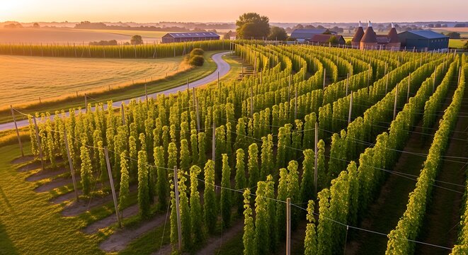 Green hops field at sunset agricultural landscape and scenic countryside