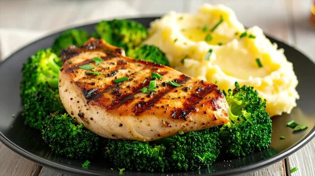 A plate features grilled chicken, broccoli florets, and mashed potatoes, garnished with herbs