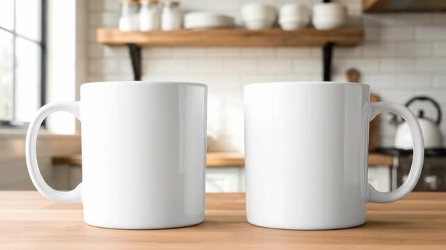 Two blank white ceramic mugs on a wooden kitchen counter