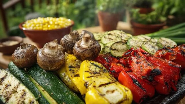 Grilled vegetables on rustic wooden platter outdoors in summer garden setting. Assorted grilled vegetables like zucchini, bell peppers, and mushrooms on a rustic BBQ platter
