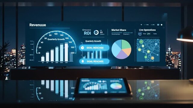 Futuristic business dashboard on holographic display with cityscape background for corporate presentation, marketing analytics, or financial report
