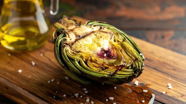 Grilled artichoke half with olive oil and sea salt on wooden board, with blurred bottle