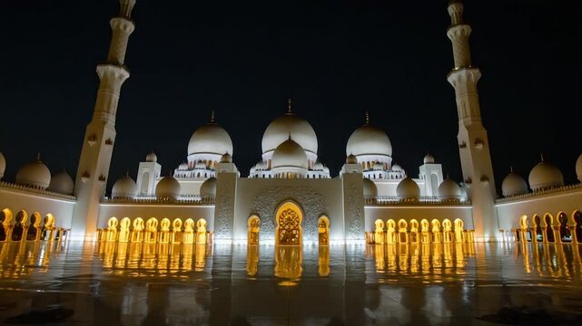 A night shot showcases a grand white mosque with illuminated domes and minarets reflected on the ground