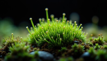 Close Up Macro Shot Of A Vibrant Green Moss Cluster With Tiny Orange Spores Growing On Dark Soil And Small Pebbles With