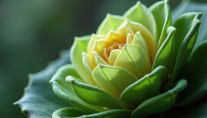 Close Up Macro Of A Delicate Green Lotus Flower Bud With Yellow Center And Dew Drops