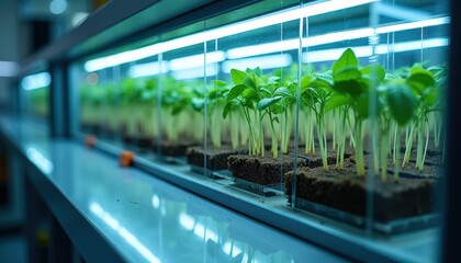 Rows Of Young Green Plants Growing Under Bright Blue Artificial Lights In A Controlled Indoor Environment With Shallow