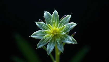 Macro photograph of a frost covered succulent plant with delicate green leaves and yellow center against a dark blurred