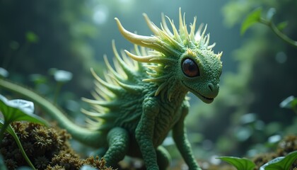 Enchanting Small Green Dragon with Spiky Mane and Large Eyes in Lush Forest with Soft Bokeh Lighting and Mossy