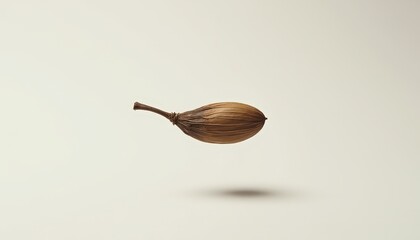 Close Up Macro Shot of a Single Dried Capote Seed Pod Levitating Against a Soft Neutral Background With Subtle Shadow