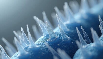 Close up microscopic view of spiky blue biological cells with frost covered sharp points illuminated by soft cool light