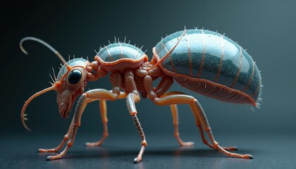 Detailed macro photograph of a realistic ant with orange body and black segmented abdomen covered in white speckles