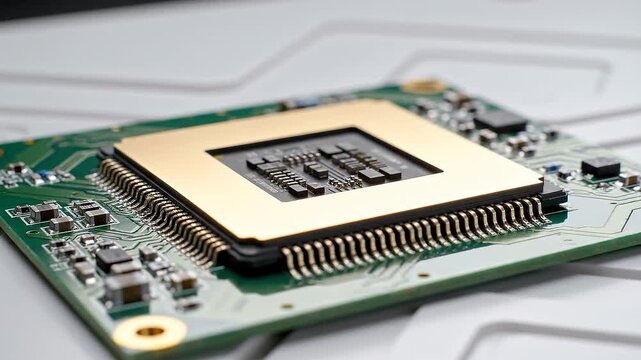 Close-up of a computer processor chip on a circuit board 4K video