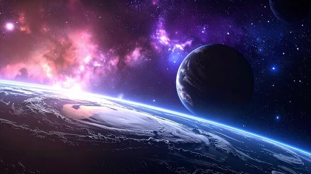 Cosmic scene planet, nebula and stars fill the frame. Glowing atmosphere is prominent