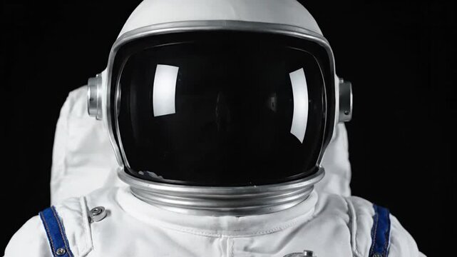 A close-up view of an astronaut's helmet and spacesuit against a dark black backdrop
