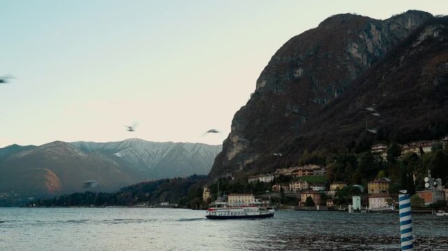 Lake Como in Menaggio with Boat and Seagulls