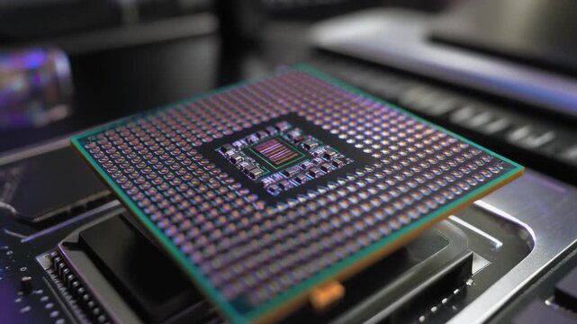 Close-up of microchip on computer motherboard with blurred background, highlighting technology and electronics