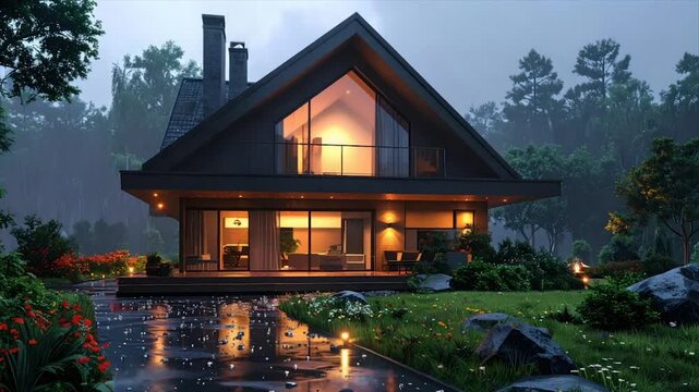 Modern, two-story home with a triangular roof, illuminated at night, in a rainy forest